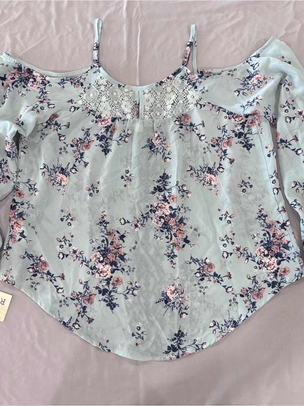 Rewind Womens M Cold Shoulder Floral Blouse Lace Embroidered Boho Mint Top NWT - Picture 8 of 11